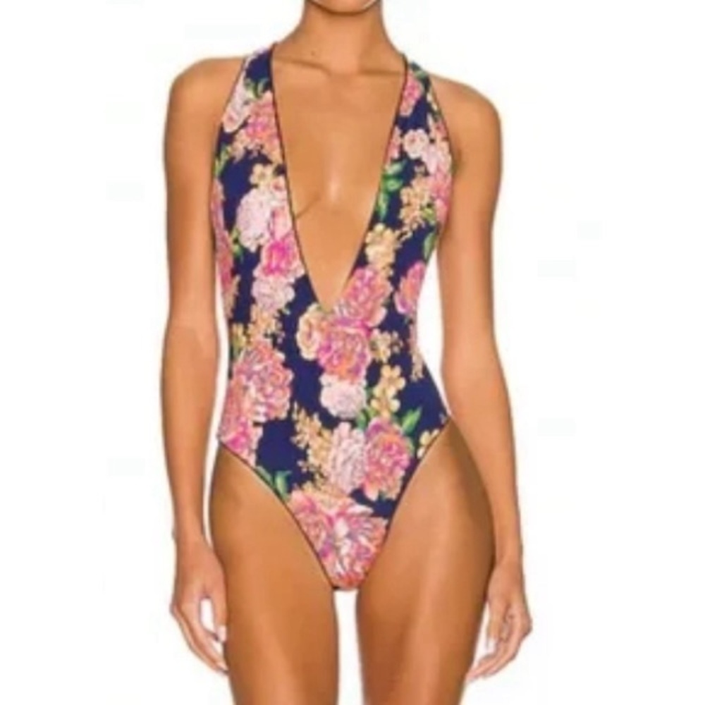 NWOT MAAJI Maya Blue Ribbed + Navy Floral Reversible One-Piece Swimsuit